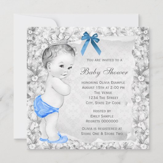 Invitation Sweet Baby Boy Baby shower bleu et gris (Devant)