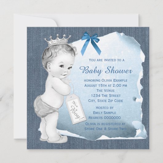 Invitation Sweet Baby Boy Blue Denim Baby shower (Devant)