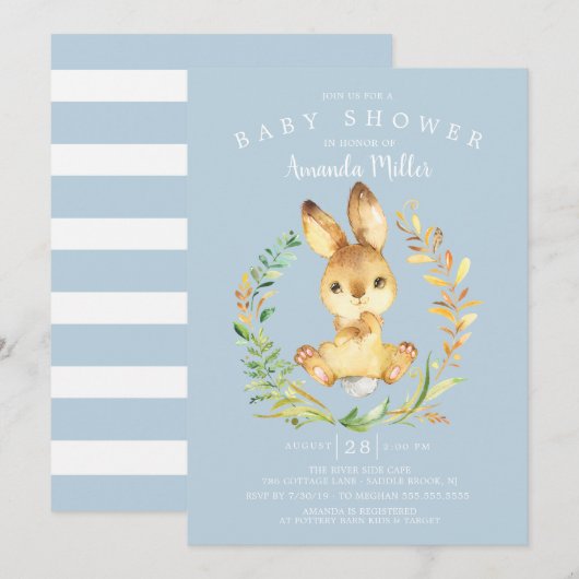Invitation Sweet Baby Boy Bunny Baby shower (Devant / Derrière)