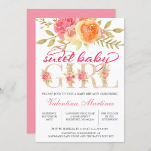 Invitation Sweet Baby Girl Automne Baby shower floral rose