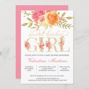 Invitation Sweet Baby Girl Automne Baby shower floral rose