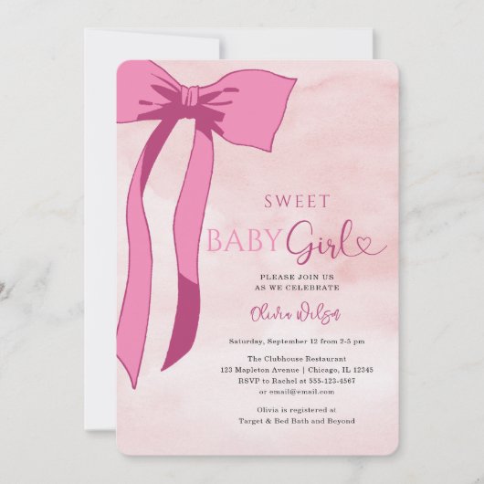 Invitation Sweet Baby Girl Blush Pink Bow Baby shower (Devant)