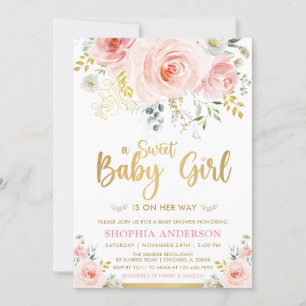 Invitation Sweet Baby Girl Blush Rose or Baby shower Floral