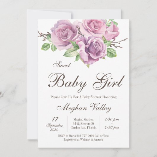 Invitation Sweet Baby Girl Douche Invitations, Fleurs violett (Devant)