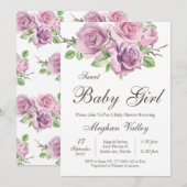 Invitation Sweet Baby Girl Douche Invitations, Fleurs violett (Devant / Derrière)