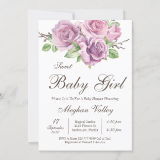 Invitation Sweet Baby Girl Douche Invitations, Fleurs violett