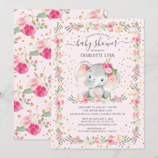 Invitation Sweet Baby Girl Elephant Baby shower (Devant / Derrière)