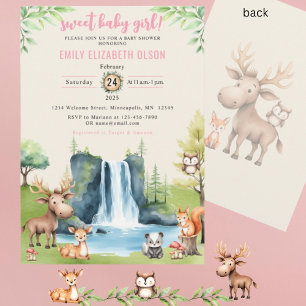Invitation Sweet Baby Girl Woodland Animaux Cascade Douche