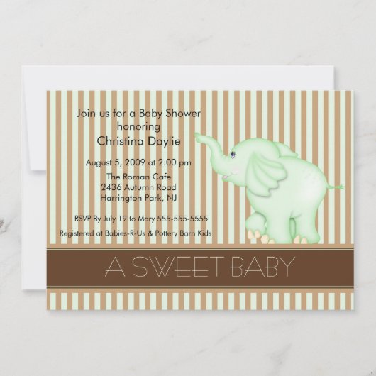 Invitation Sweet Baby Green & Brown Elephant Baby shower (Devant)