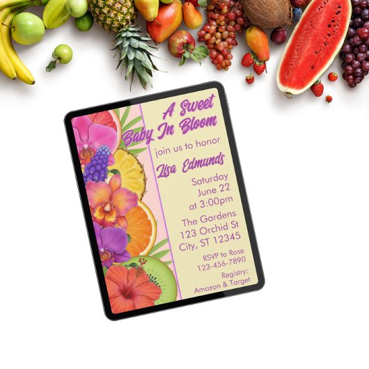 Invitation Sweet Baby in Bloom, flowers & fruit baby shower
