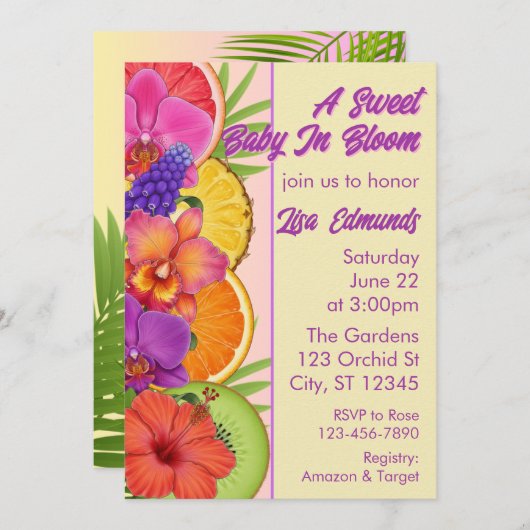 Invitation Sweet Baby in Bloom, flowers & fruit baby shower (Devant / Derrière)