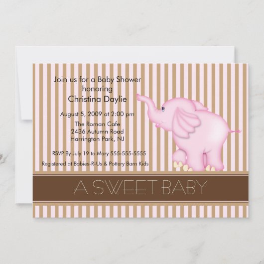 Invitation Sweet Baby Pink & Brown Elephant Baby shower (Devant)