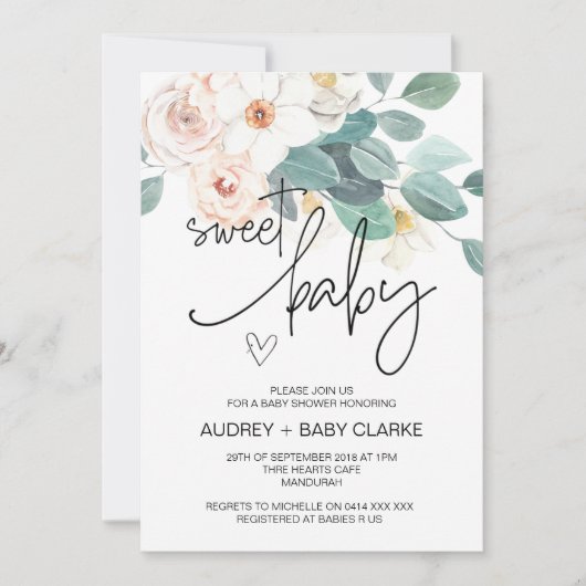 Invitation Sweet Baby shower Party Blush Floral (Devant)