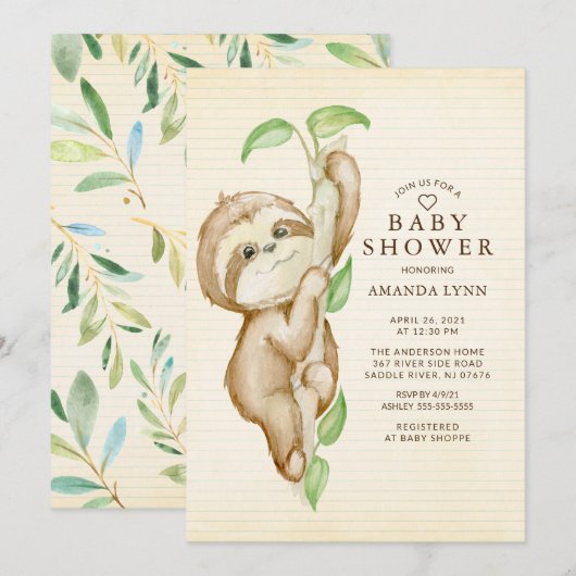 Invitation Sweet Baby Sloth Baby shower (Devant / Derrière)