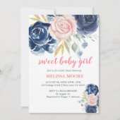 Invitation Sweet bébé fille floral marine bleu baby shower ro (Devant)