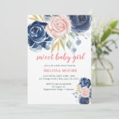 Invitation Sweet bébé fille floral marine bleu baby shower ro (Debout devant)