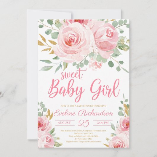 Invitation Sweet bébé fille rousse rose et baby shower d'or (Devant)