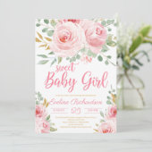 Invitation Sweet bébé fille rousse rose et baby shower d'or (Debout devant)