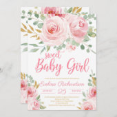 Invitation Sweet bébé fille rousse rose et baby shower d'or (Devant / Derrière)