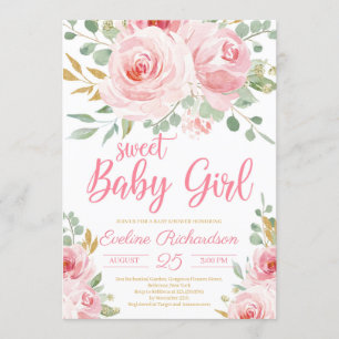 Invitation Sweet bébé fille rousse rose et baby shower d'or