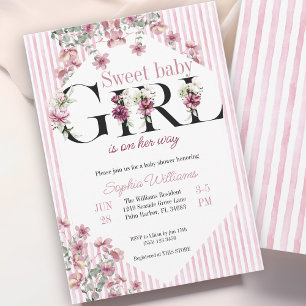 Invitation Sweet bébé Lettres florales fille aquarelle rayure