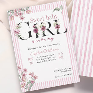 Invitation Sweet bébé Lettres florales fille aquarelle rayure
