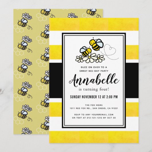 Invitation Sweet Bee Day Party Jolie Jaune Anniversaire (Devant / Derrière)