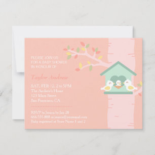 Invitation Sweet Birdhouse Nest Bird Baby shower rose de prin