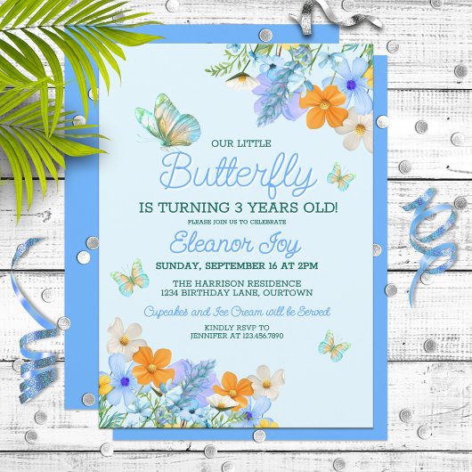 Invitation Sweet Blue Butterfly Thème Fête d'anniversaire de 