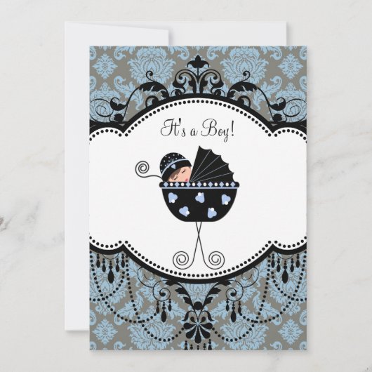 Invitation Sweet Blue Damask Baby Boy Douche (Devant)