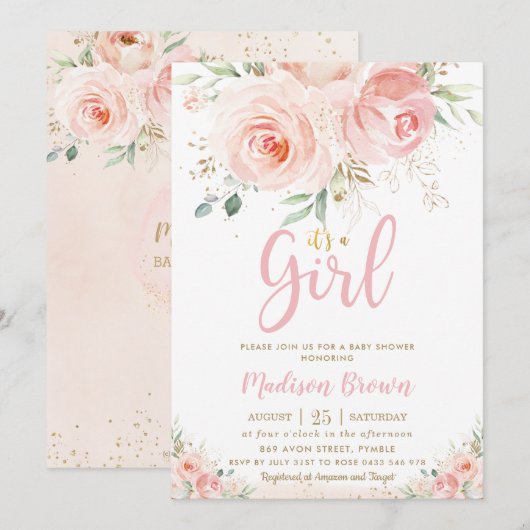 Invitation Sweet Blush rose Floral Baby shower fille or (Devant / Derrière)