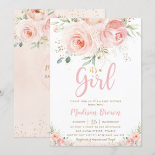 Invitation Sweet Blush rose Floral Baby shower fille or