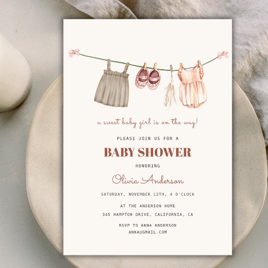 Invitation Sweet Boho Clothesline Baby shower fille