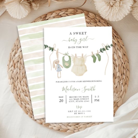 Invitation Sweet Boho Neutral Clothesline Baby shower fille