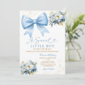 Invitation Sweet Boy Blue Bow Coquette Baby Shower Floral (Debout devant)