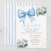Invitation Sweet Boy Blue Bow Coquette Baby Shower Floral (Devant / Derrière)