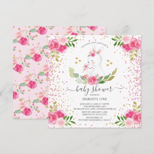 Invitation Sweet Bunny Girls Baby shower (Devant / Derrière)