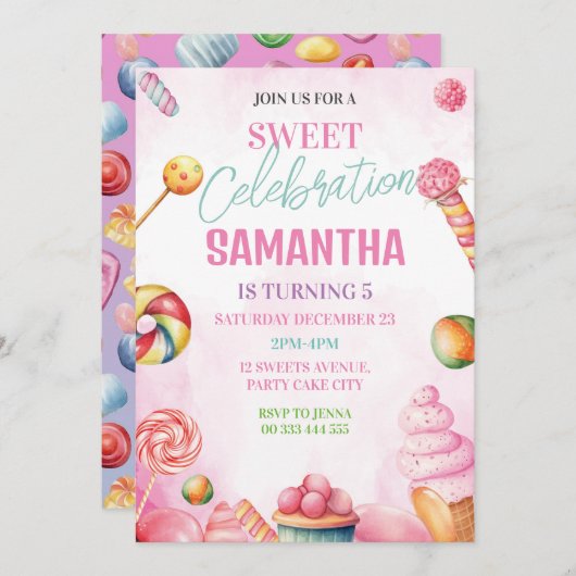 Invitation Sweet Candy fille d'anniversaire (Devant / Derrière)