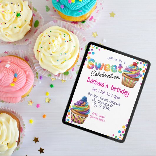Invitation Sweet Celebration Colorful Cupcake Birthday
