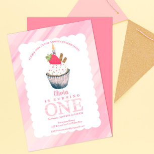 Invitation Sweet Celebration Cupcake rose 1er anniversaire fê