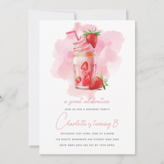 Invitation Sweet Celebration fraise Milkshake Anniversaire (Devant)