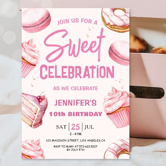Invitation Sweet Celebration Pink Donuts Fille 10e anniversai