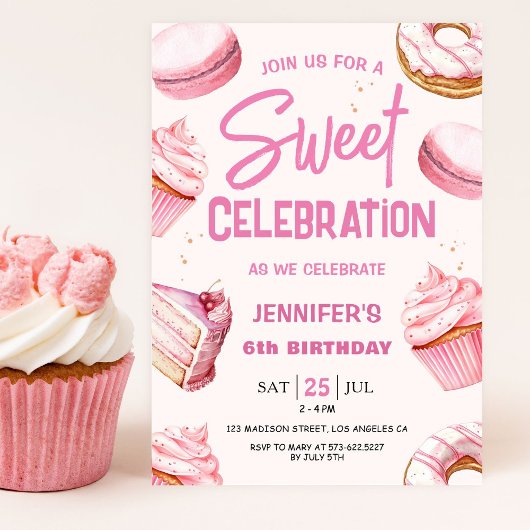 Invitation Sweet Celebration Pink Donuts Fille 6e anniversair