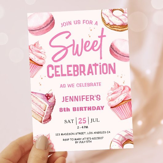 Invitation Sweet Celebration Pink Donuts Fille 8e anniversair