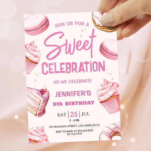 Invitation Sweet Celebration Pink Donuts Fille 9e anniversair