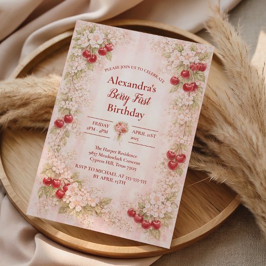 Invitation Sweet Cherry Floral First Birthday 1st Birthday