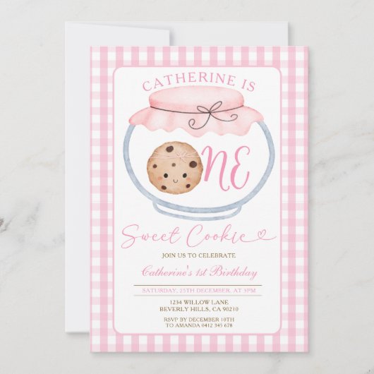 Invitation Sweet Cookie Girl Premier Anniversaire Rose En vic (Devant)