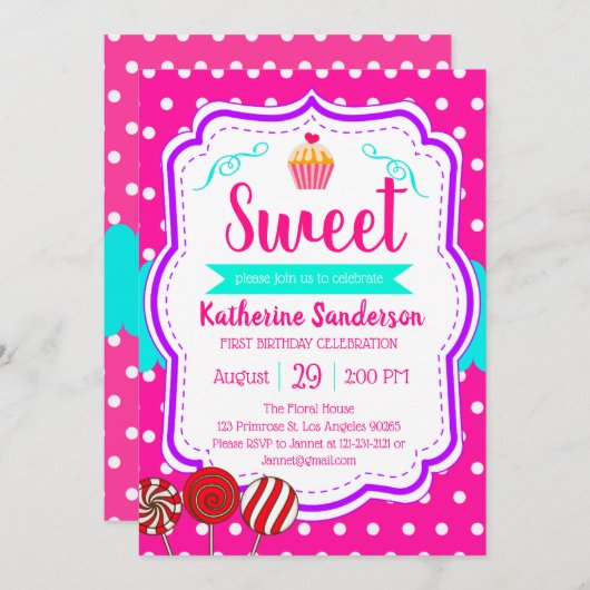 Invitation Sweet Cupcake Baby Sprinkle Candy shoppe Anniversa (Devant / Derrière)