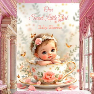 Invitation Sweet Cute Peach Rose Girl Baby shower Teacup