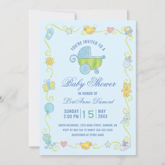 Invitation Sweet Dreams Carriage Baby shower bleu (Devant)